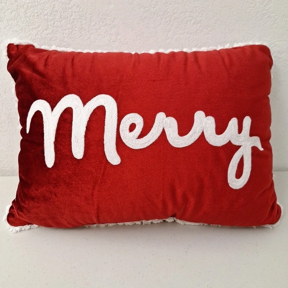 Silky Red Velvet Merry Christmas Pillow Stitched Script w/ Fringe 18